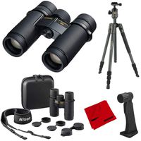 Nikon 16575 Monarch HG Binoculars 8x30 Bundle with Aluminum Travel Tripod with Ball Head, Binocular Tripod Adaptor and Microfiber Cleaning Cloth