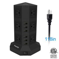 Tower Power Strip Surge Protector 12 AC Outlets with 6 Ports USB Chargers Black-Powerjc