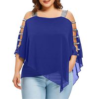 RUIVE Women's Chiffon Blouse Ladder Cut Overlay Asymmetric Off Shoulder Sequin Strappy Pullover Ladies Loose Tops Blue