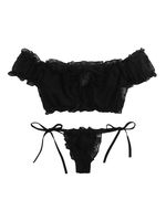 SheIn Women's Self Tie Ruffle Trim Dobby Mesh Lingerie Set Sexy Bra and Panty Black Large