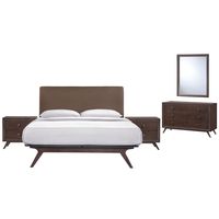 Modway Tracy Mid-Century Modern Wood Platform Queen Size Bed with Two Nightstands a Mirror and Dresser in Cappuccino Brown