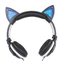 Folding earphone Cute LED Light Cartoon Cat earphone For Gaming Cat Headphone For PC Computer Mobile Phone MP3 Mobile phone music headphones （Black）