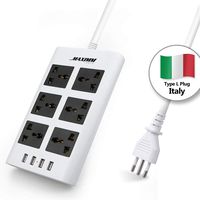 Maximm Surge Protector Flat Power Strip 6 Universal Outlets with 4 USB Ports, Desktop Charging Station, 4000W/10-16A Multiplug (6.5ft, White) w/Italy (Type L) Plug