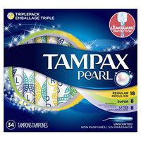 Tampax Pearl Plastic Tampons Light/Regular/Super Absorbency Multipack, Unscented, 34 Count (Pack of 6) (204 Total Count)