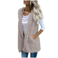 Women's Knit Long Draped Plaid Tunic Sweater Vest Coat with Pockets Khaki