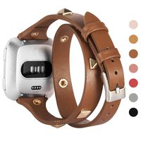 Wearlizer Leather Double Tour Band Compatible with Fitbit Versa/Versa 2 /Versa Lite/Versa SE Women Men,Slim Genuine Leather Rivet Watch Bands Compatible for Fitbit Versa（Deep Brown）