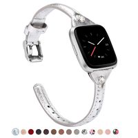 TOYOUTHS Slim Strap Compatible with Fitbit Versa/Versa 2/Versa Lite/Versa SE Bands for Women Men Thin Genuine Leather Replacement Wristbands Handmade Watch Band Accessories Diamonds Silver