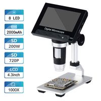 Vilihy LCD Digital Microscope, 4.3 inch 50X-1000X Magnification Zoom SD 720P 2 Megapixels Compound 2000 mAh Battery USB Microscope 8 Adjustable LED Light Video Camera Microscope