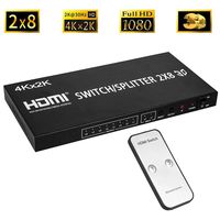 Autbye 2x8 HDMI Matrix Switcher 2 in 8 Out Splitter 4Kx2K Active Amplifier Extender Ultra HD 1080P 3D Audio Video Selector with IR Remote Adapter for HDTV PC Projector Sky Box PS4
