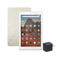Fire HD 10 Tablet (64 GB, White, With Special Offers) + Amazon Standing Case (Sandstone White) + Nupro Screen Protector (2-pack) + 15W USB-C Charger