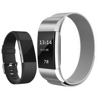 Replacement Bands Compatible for Fitbit Charge 2, Stainless Steel Metal Magnetic Strap and Extra Silicone Replacement Bands (Silver + Black Small)