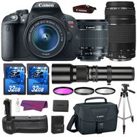 Canon EOS Rebel T5i Digital SLR Camera with EF-S 18-55mm IS STM Lens + EF 75-300mm III Telephoto Lens + 500mm Preset Telephoto Lens + Battery Grip and More!