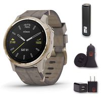 Garmin Fenix 6S Sapphire - (Light Gold w/Gray Leather Band) Bundle with PowerBank + USB Car Charger + USB Wall Charger (4 Items)