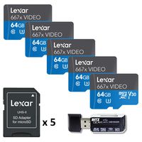 Lexar Professional 667X Video 64GB MicroSDXC UHS-I Memory Card (5-Pack) with SD Adapter and Ritz Gear Card Reader