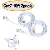 Cat 7 Ethernet Cable 10 ft Flat, 10GB Shielded Solid Patch Cord, Durable Fastest Internet RJ45 Short Wire for Modem, Router, LAN, Computer, PS4, Xbox, Gaming, hub, TV, ADSL, Adapter, Switch - 2 Pack