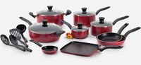 T-fal B209SI Initiatives Nonstick Inside and Out Dishwasher Safe Oven Safe Cookware Set, 18-Piece, Red