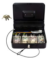 Cash Box by OSAFE - Money Box with Lock & Security Cable - Cash Safe Box with New Lid Coin Tray, 5 Compartments, 4 Spring Loaded - Large 3.5H x 9.5W x 11.8L Inch Metal Money Box with 4 Keys - Black