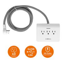 Link2Home Surge Protector, 5ft Extension, 3 Outlets Strip, 4 Ports, 4.8A USB, Braided Cable with Low Profile Plug, EM-TXC200B Fabric Cord Power Dock, 1pk, White/Black
