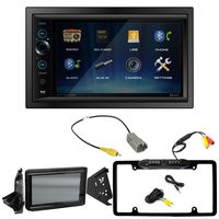 Dual Double-DIN Digital Media USB AUX Bluetooth Stereo Receiver, Dash Kit w/Splash Guard, Reverse Cam Retention Harness, Rearview Camera (Bundle Fits Polaris Slingshot 2015-Up)