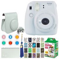 Fujifilm instax Mini 9 Instant Film Camera (Smokey White) + Fujifilm Instax Mini Twin Pack Instant Film + 20 Sticker Frames Graduation Theme + Colored Filters + Album + Bonus Graduate Tassel Keychain