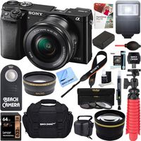 Sony Alpha a6000 24.3MP Wi-Fi Mirrorless Digital Camera + 16-50mm Lens Kit (Black) + 64GB SD Card + DSLR Photo Bag + Extra Battery + Wide Angle Lens + 2X Telephoto Lens + Flash Bundle