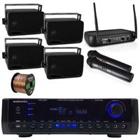 Audioronics 1500 Watt Hybrid Digital Stereo Receiver Amplifier, Pyle 3.5'' 200 Watt 3-Way Weather Proof Mini Box Speakers - Black, Dual Channel VHF Wireless Microphone System, 16G 50Ft Speaker Wire