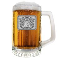 Glass Beer Pub Mug Hand Crafted Monogram Initial Pewter Engraved Crest with Letter E by Fine Occasion (E, 25 oz)