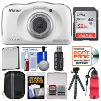 Nikon Coolpix W100 Wi-Fi Shock & Waterproof Digital Camera (White) with 32GB Card + Case + Battery + Flex Tripod + Float Strap + Ultimate Kit