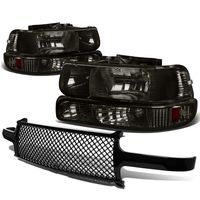 For Chevy SIlverado/Suburban/Tahoe Pair of Smoke Lens Amber Corner Headlight+Black Meshed Front Grille