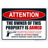 Gun Sign, The Owner of This Property is Armed Sign, 10x14 Rust Free Aluminum, Weather/Fade Resistant, Easy Mounting, Indoor/Outdoor Use, Made in USA by SIGO SIGNS