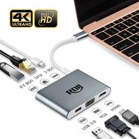 USB C Dock, RDII 6 in 1 USB C hub to 4K Hdmi, Vga, USB 3.0 X 2, Megabit Ethernet, 60W USB C PD Charging for MacBook Pro, New MacBook 12 Inch, Huawei Matebook, Chromebook Pixel 2015 (Aluminum, Grey)