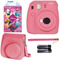 FujiFilm Instax Mini 9 Flamingo Pink with Princesses Film, Groovy Case, Camera Strap and 2-AA Batteries
