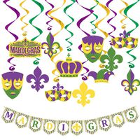 Mardi Gras Hanging Decorations Kit 37ct | Includes 18ct Mardi Gras Themed Cutouts with 18ct Hanging Swirls & 1 Mardi Gras Pennant Banner | Mardi Gras Party Accessory