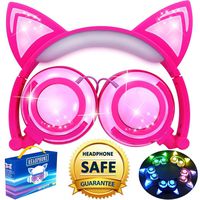 Cat Headphones, Kids Cat Ear Headphones for Girls Boys Toddler, Cat Ear Headphones with Lights Up Foldable Wired Over/On Ear Gaming Headsets for Musical Christmas Holiday Birthday Gift-Pink