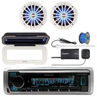 Kenwood KMRD375BT Marine Bluetooth Receiver, Single DIN Radio Cover, 2X Enrock 6.5" 2 Way 200 Watt LED Speakers (White), SiriusXM Tuner, Marine Radio Antenna - White, 50 Foot 16-G Tinned Speaker Wire