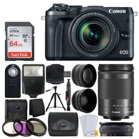 Canon EOS M6 Mirrorless Digital Camera + EF-M 18-150mm f/3.5-6.3 is STM Lens (Graphite) + Wide Angle & Telephoto Lens + 64GB Memory Card + Slave Flash + Wireless Remote + Quality Tripod + Accessories