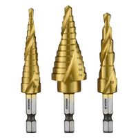 Neiko 10181A Quick Change HSS Titanium Coated Spiral Grooved Step Drill Bit 3-Piece Set | 31 Step Sizes in One Kit