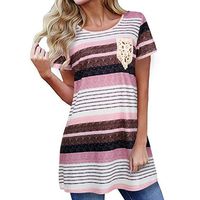 Minisoya Women Lace Pocket Tunic Tops Pullover Summer Short Sleeve T-Shirt Casual Loose Striped Blouse Dressy Shirt (Pink, S)