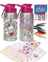 Purple Ladybug Water Bottles Set for Girls - 1 Decorate Your Own Glitter Gem Water Bottle with Rhinestone Stickers +1 Color Your Own Kids Water Bottle with Bright Markers! Cute Gift, Fun DIY Craft Kit