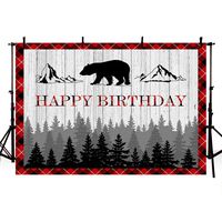 MEHOFOTO Woodland Lumberjack Happy Birthday Photography Backdrop Boy Red Black Plaid Bear Camping Adventure Tribal Party Decoration Banner Wood Pine Trees Photo Studio Background 7x5ft