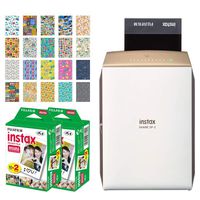 Fujifilm instax Share Smartphone Printer SP-2 (Gold) + Fujifilm Instax Mini Twin Pack Instant Film (40 Exposures) + 20 Sticker Frames for Fuji Instax Prints Travel Package - Deluxe Accessory Bundle