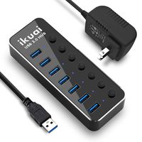 ikuai USB 3.0 Hub 7 Port Powered USB Hub Aluminum USB Splitter with Independent Power Switch and LED and UL Listed 5V/3A Power Adapter
