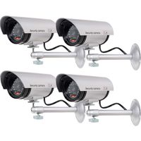 WALI Bullet Dummy Fake Surveillance Security CCTV Dome Camera Indoor Outdoor with one LED Light Warning Security Alert Sticker Decals (TC-S4), 4 Packs, Silver
