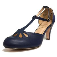 Chase & Chloe Kimmy-36 Women's Teardrop Cut Out T-Strap Mid Heel Dress Pumps (6 B(M) US, Navy PU)
