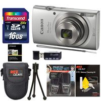 Canon Elph 180 Point and Shoot Camera (Silver) with Transcend 16GB, Camera Case, Memory Card Reader, Neck Strap, Cleaning Kit Bundle
