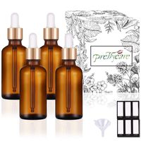 PrettyCare Eye Dropper Bottle 1 oz (4 Pack Amber Glass Bottles 30ml with Golden Caps, 1 Extra Plastic Measured Pipettes, 12 Labels, Funnel) Empty Tincture Bottles for Essential Oils
