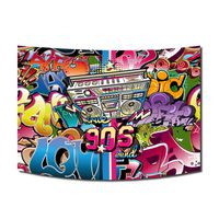90's Party Backdrop 100% Polyester Tapestry Graffiti Music 90th Themed Background 90s Banner Living Room Decor Tapestry FT-7530