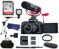 Canon EOS M50 Mirrorless Digital Camera with 15-45mm Lens Video Creator Kit - Black (USA Warranty) Bundle, Includes: 32GB SDHC Class 10 Memory Card + Tripod + Spare Battery + LED Ligth + More