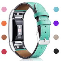 Hotodeal Replacement Leather Band Compatible for Charge 2, Classic Genuine Leather Wristband Metal Connector Watch Bands, Fitness Strap Women Men Small Large (Green- Silver Buckle)