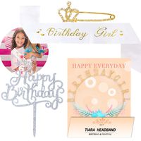 4 Pack Birthday Girl Accessories Set Tiara Headband Sash with Funny Saying in Glitter Letters, Pin and Cake Topper - Girls Birthday Party Accessories & Favors, Rose Gold
